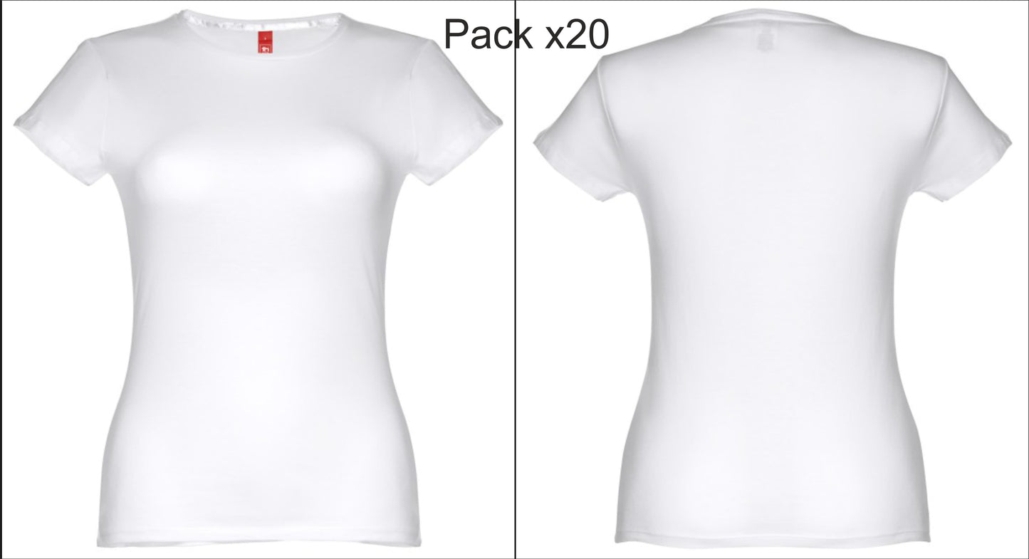 Pack de 20 t-shirts femininas brancas personalizadas com corte cintado e design próprio