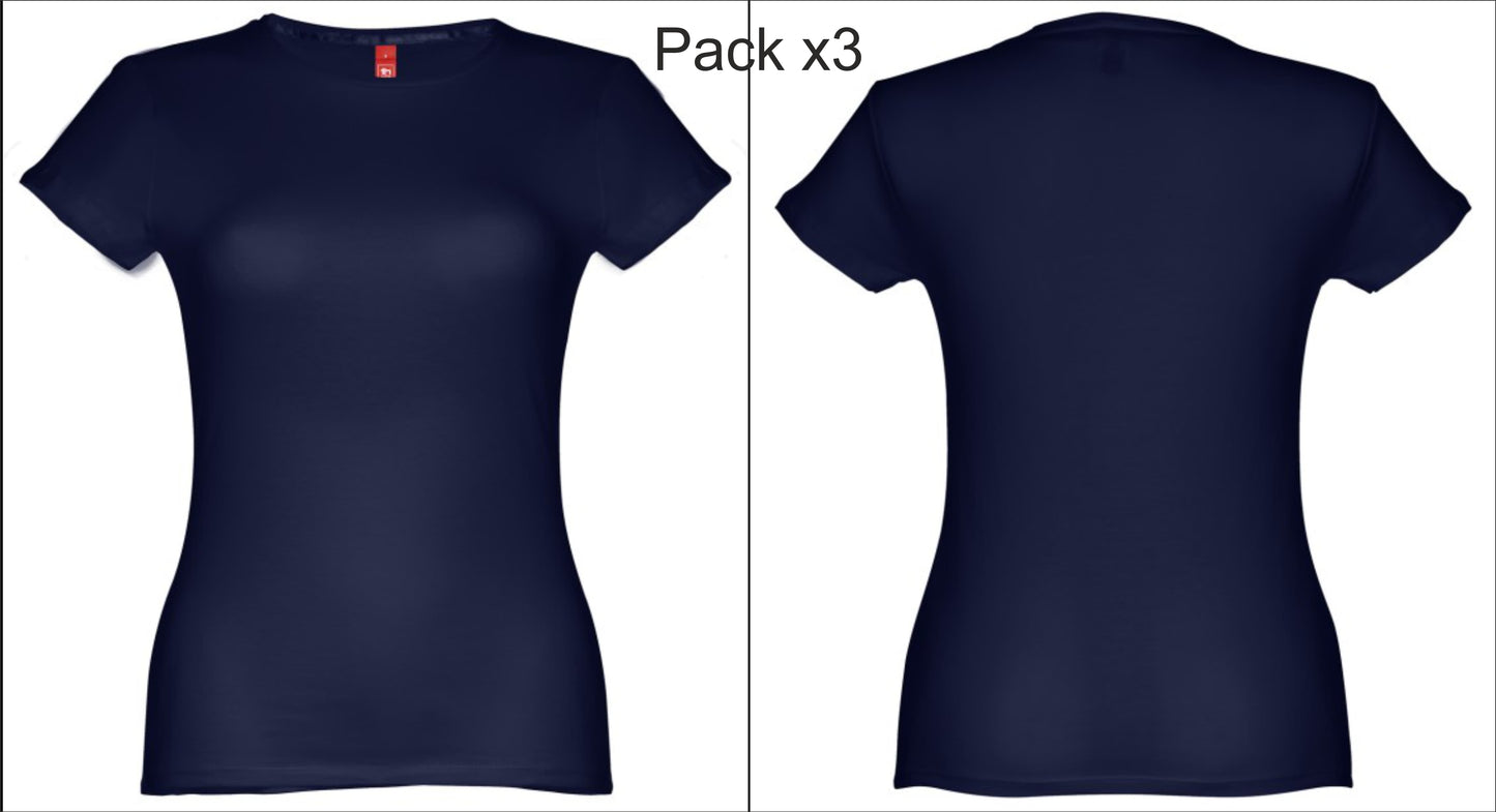 Conjunto de 3 t-shirts azul marinho femininas personalizáveis para uniformes de empresa