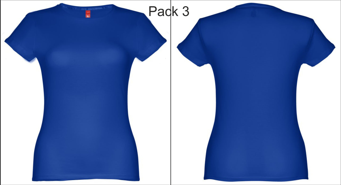 Pack de 3 t-shirts azul real femininas para personalização de grupos e staff