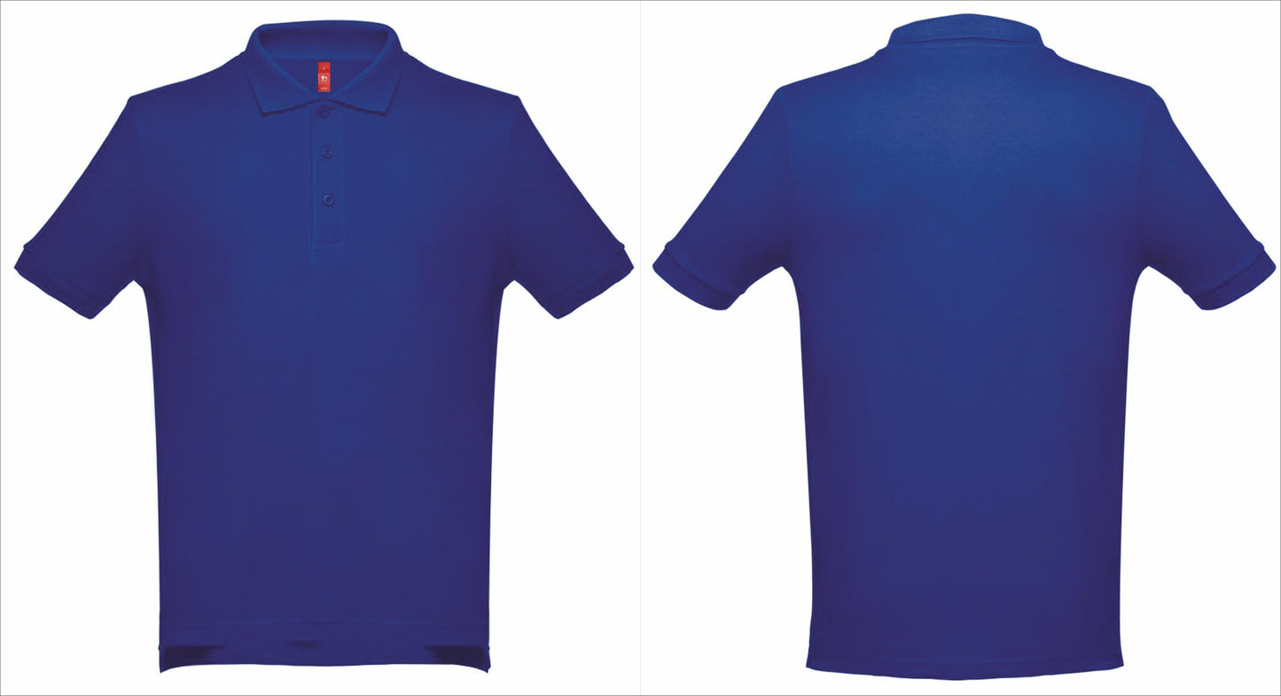 Polo personalizado azul real masculino como exemplo para personalizar design no peito