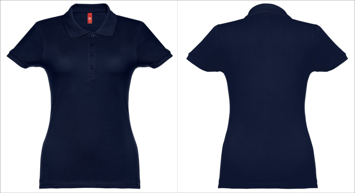 Polo feminino personalizado azul marinho com opção de personalização na frente e costas
