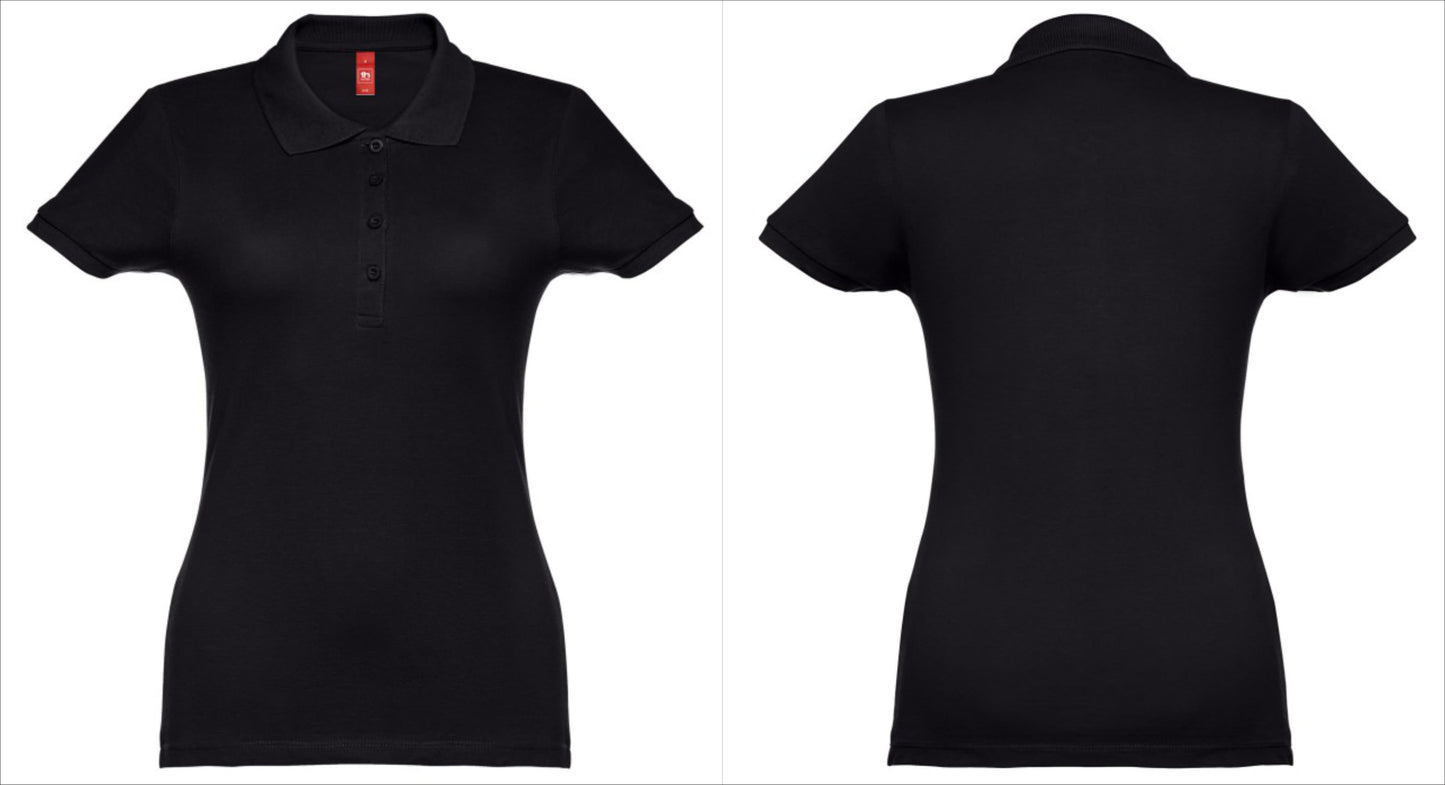 Polo feminino preto personalizado com logótipo para uniforme profissional