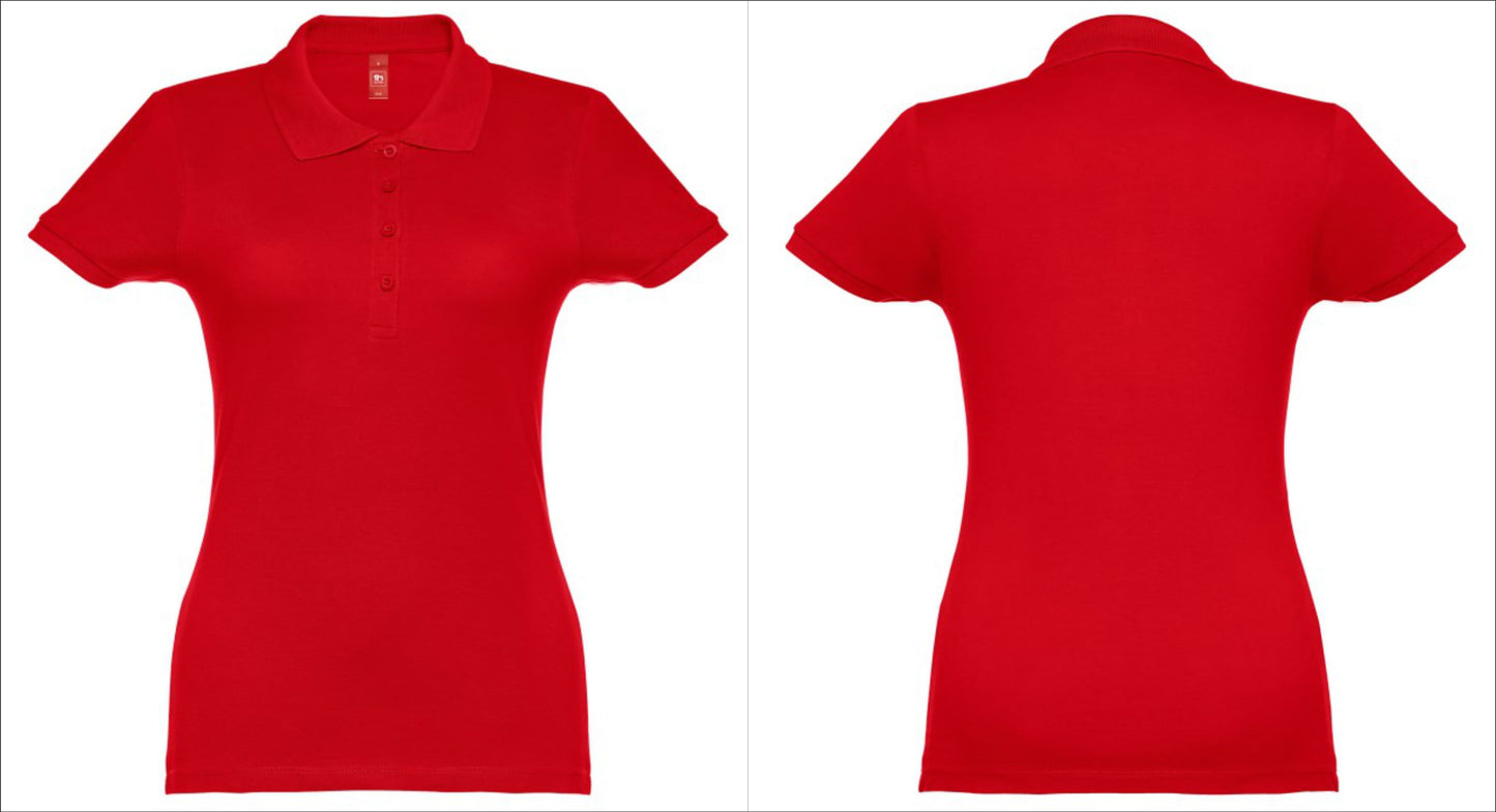 Polo feminino vermelho personalizado com impressão de design na frente e costas