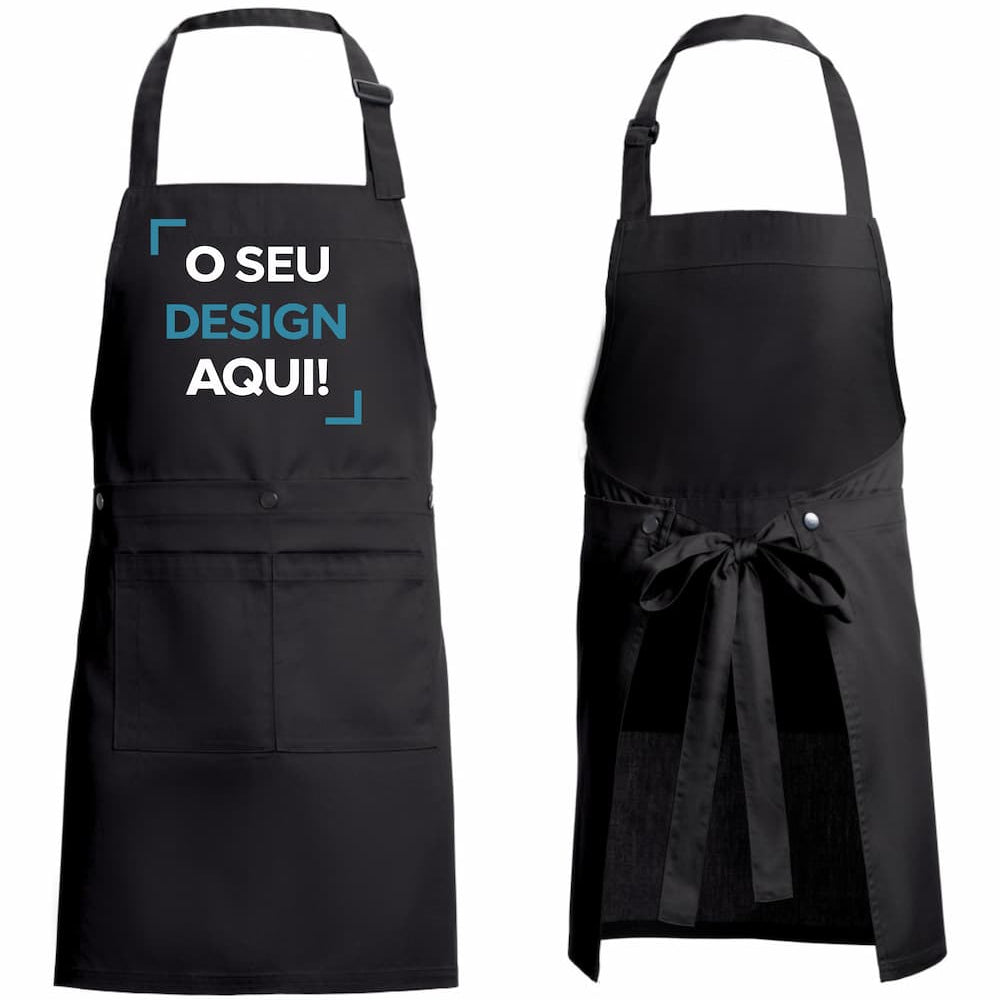 avental personalizado preto personaliza com logo ou design.  uniforme profissional 