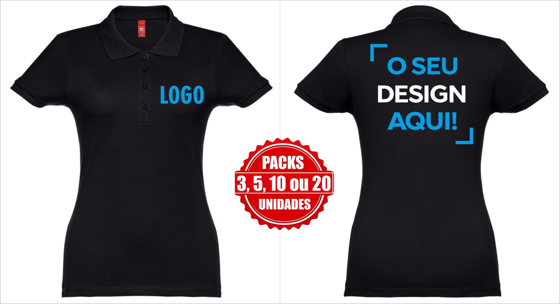 Pack de polos femininos personalizados com logo  e design – 3, 5, 10 ou 20 unidades