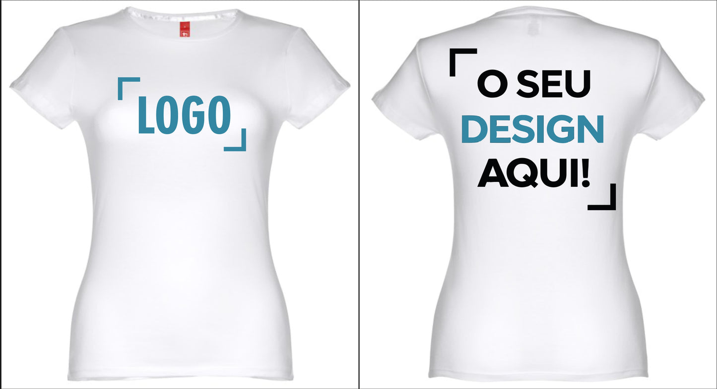 T-shirt branca personalizada feminina com exemplo de logótipo e texto o seu design aqui frente e costas