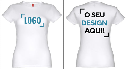 T-shirt branca personalizada feminina com exemplo de logótipo e texto o seu design aqui frente e costas