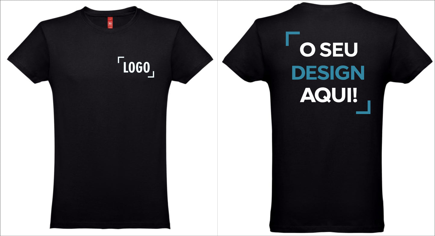 T-shirt preta personalizada masculina com exemplo de logótipo na frente e frase o seu design aqui nas costas