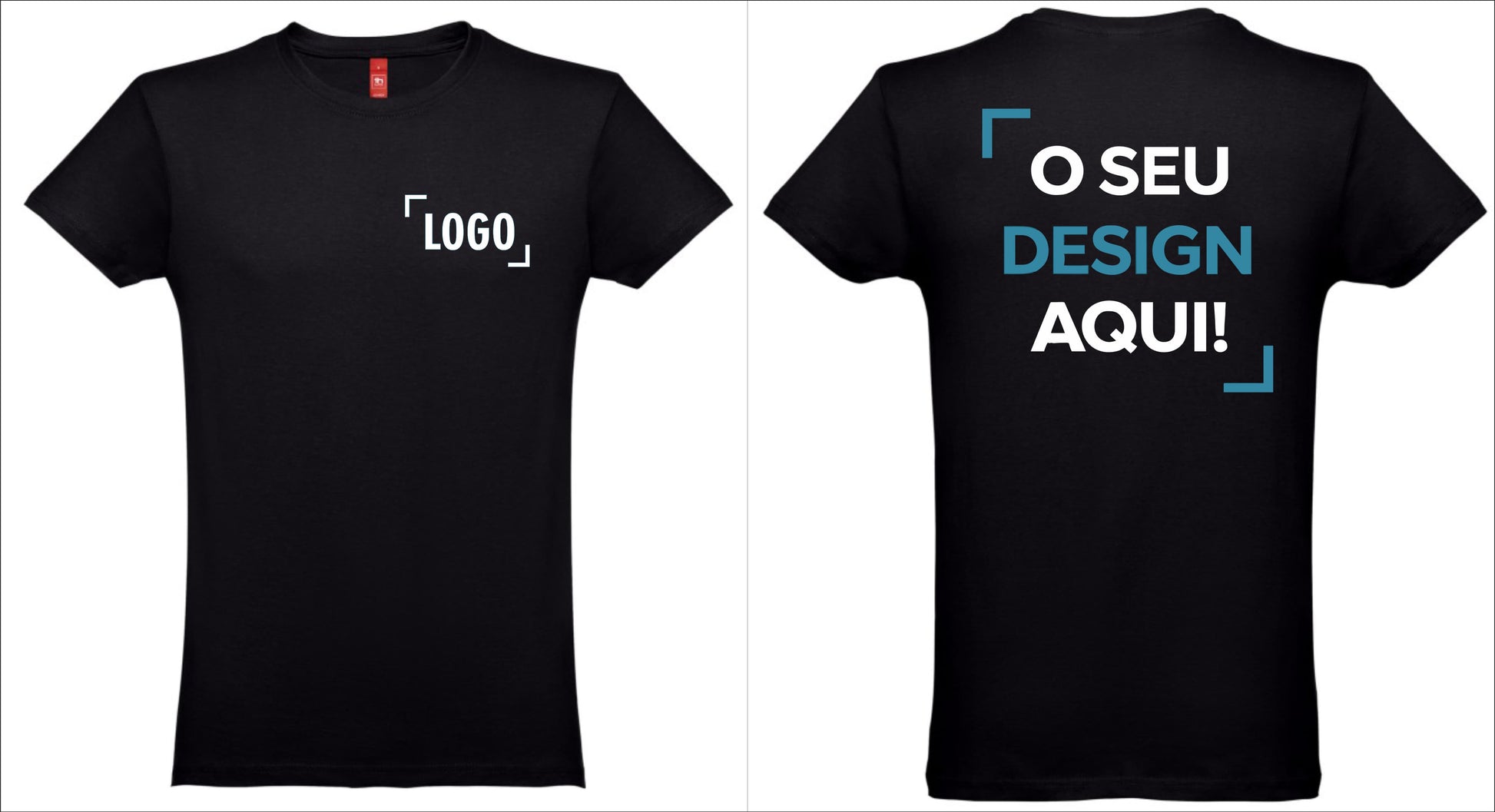 T-shirt preta personalizada masculina com exemplo de logótipo na frente e frase o seu design aqui nas costas