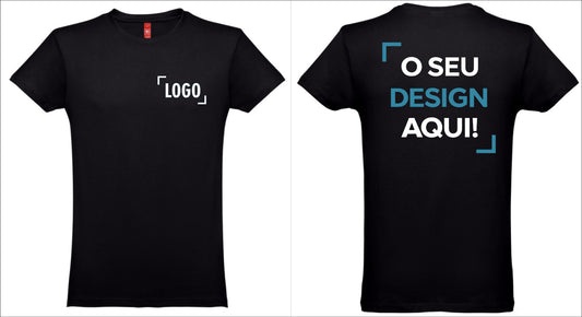 T-shirt preta personalizada masculina com exemplo de logótipo na frente e frase o seu design aqui nas costas